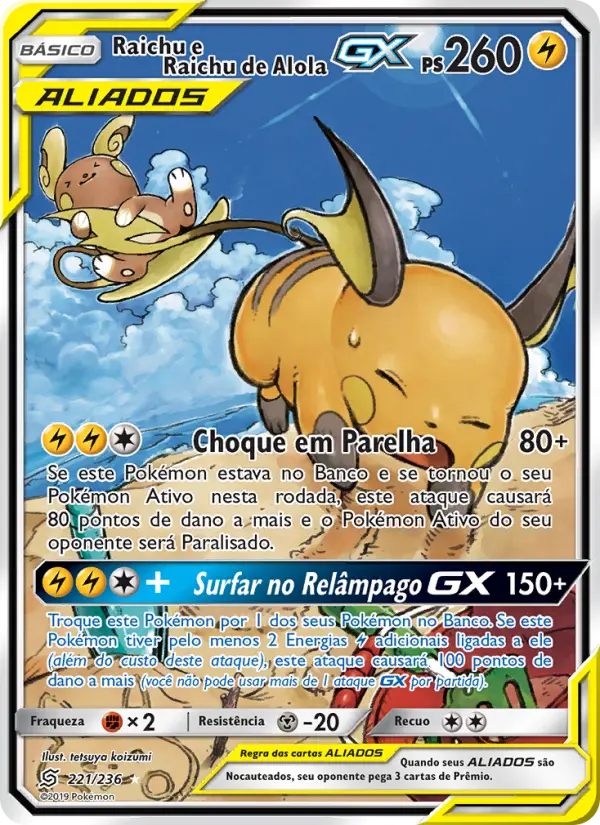 Carta Raichu e Raichu de Alola GX, número 221/236 da coleção Sintonia Mental 
