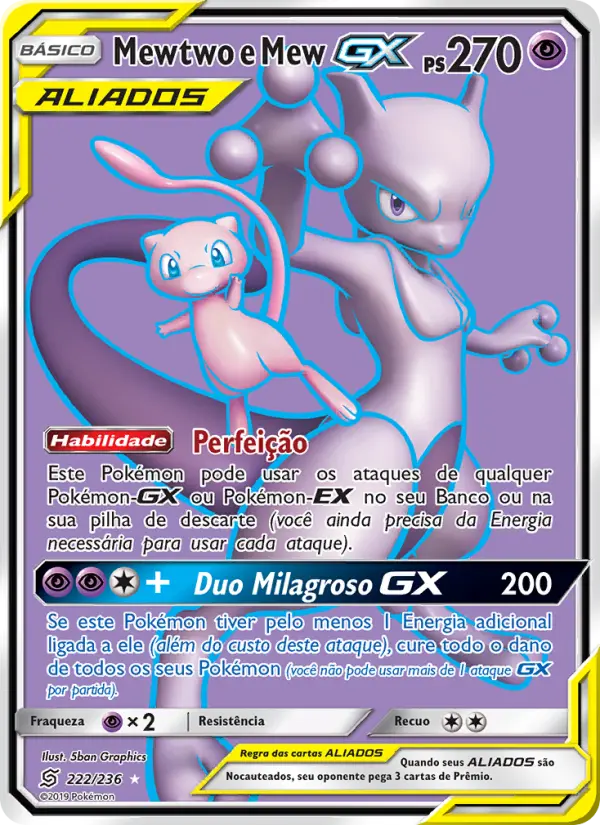 Carta Mewtwo e Mew GX, número 222/236 da coleção Sintonia Mental 