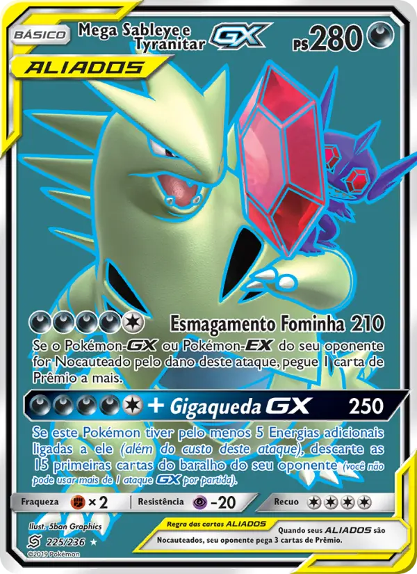 Carta Mega Sableye e Tyranitar GX, número 225/236 da coleção Sintonia Mental