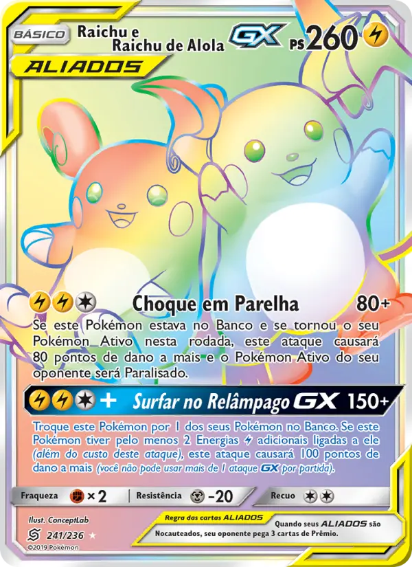 Carta Raichu e Raichu de Alola GX, número 241/236 da coleção Sintonia Mental 