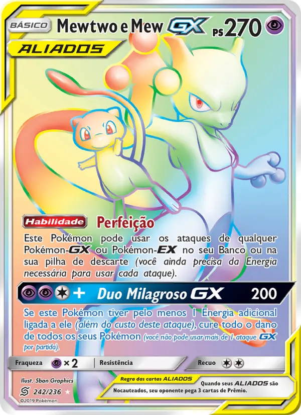 Carta Mewtwo e Mew GX, número 242/236 da coleção Sintonia Mental 