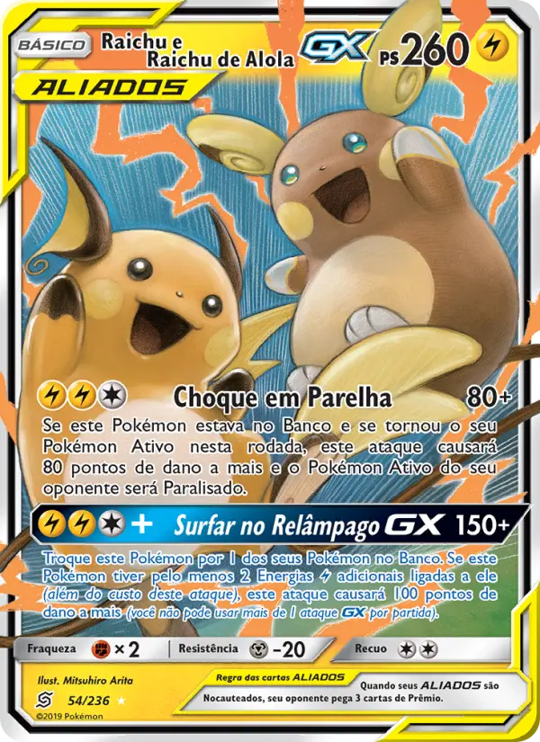 Carta Raichu e Raichu de Alola GX, número 54/236 da coleção Sintonia Mental 