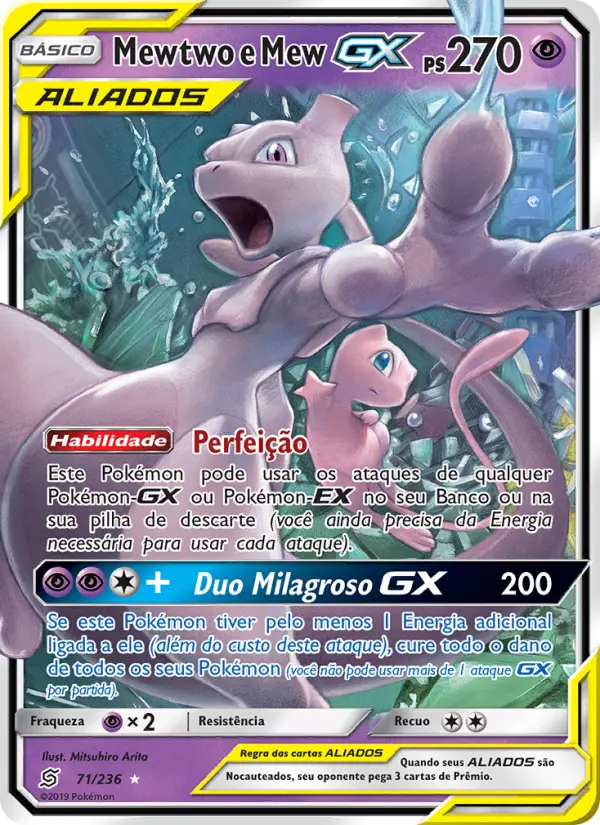 Carta Mewtwo e Mew GX, número 71/236 da coleção Sintonia Mental 