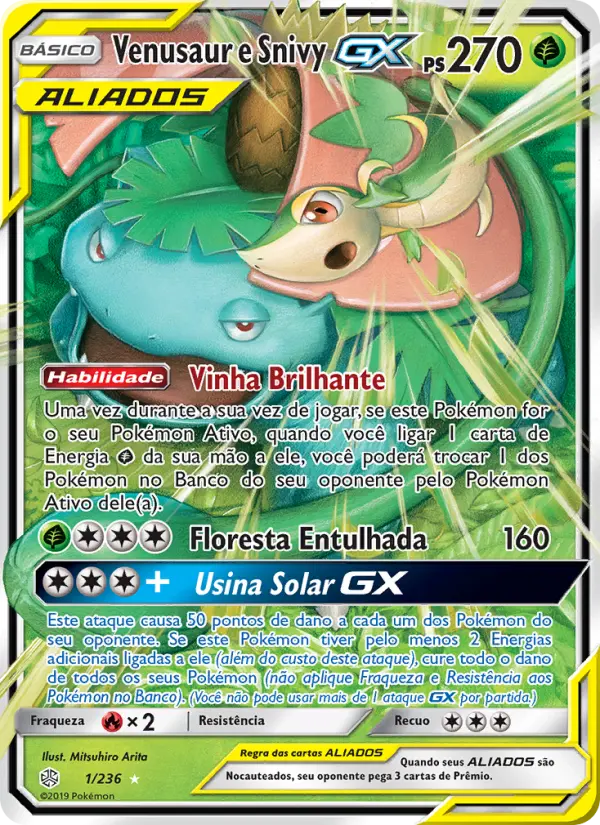 Carta Venusaur e Snivy GX, número 1/236 da coleção Eclipse Cósmico