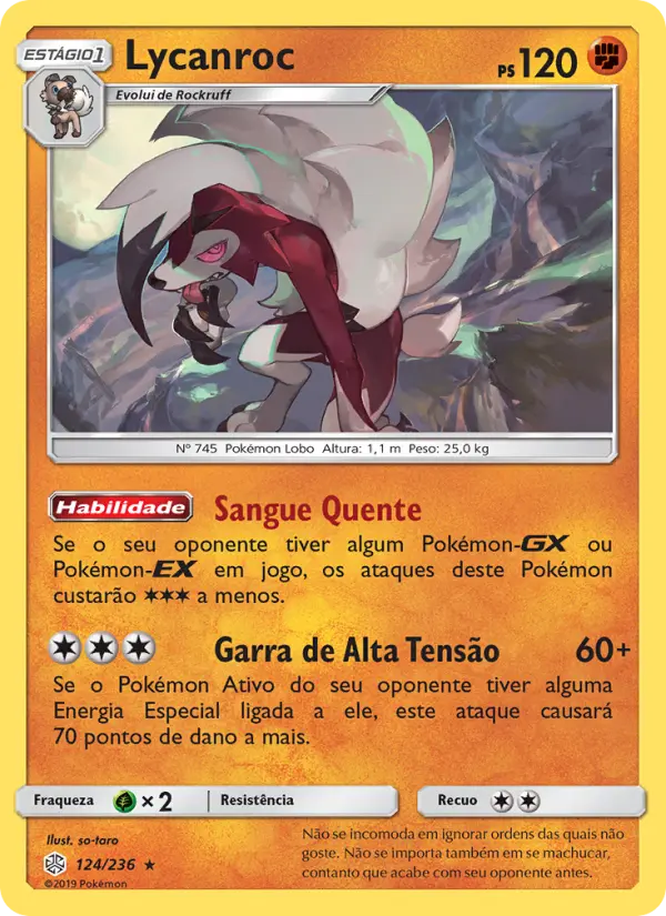 Carta Lycanroc, número 124/236 da coleção Eclipse Cósmico