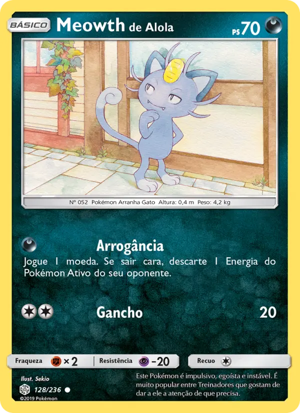 Carta Meowth de Alola, número 128/236 da coleção Eclipse Cósmico