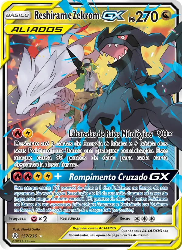 Carta Reshiram e Zekrom GX, número 157/236 da coleção Eclipse Cósmico