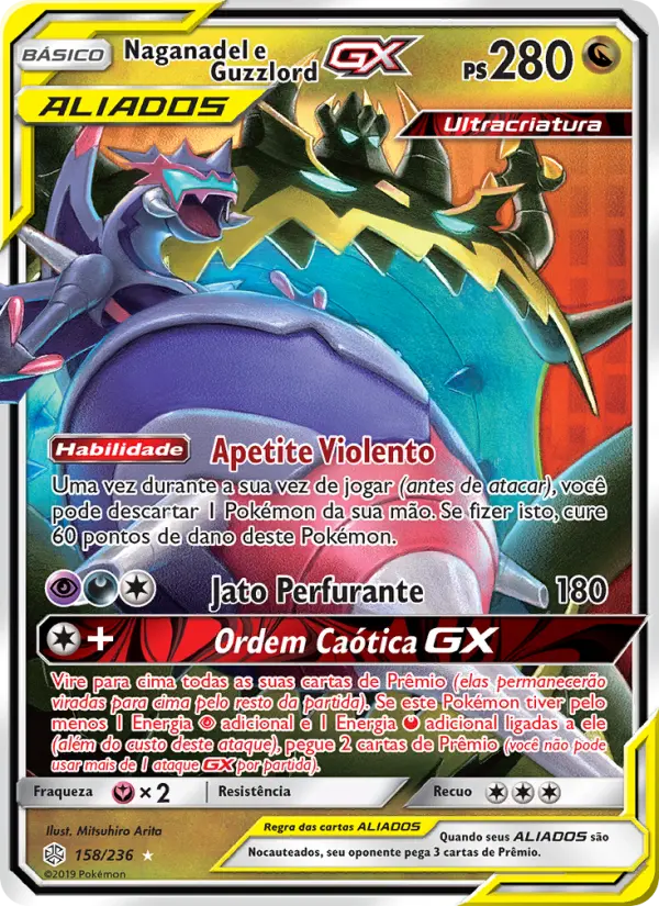 Carta Naganadel e Guzzlord GX, número 158/236 da coleção Eclipse Cósmico