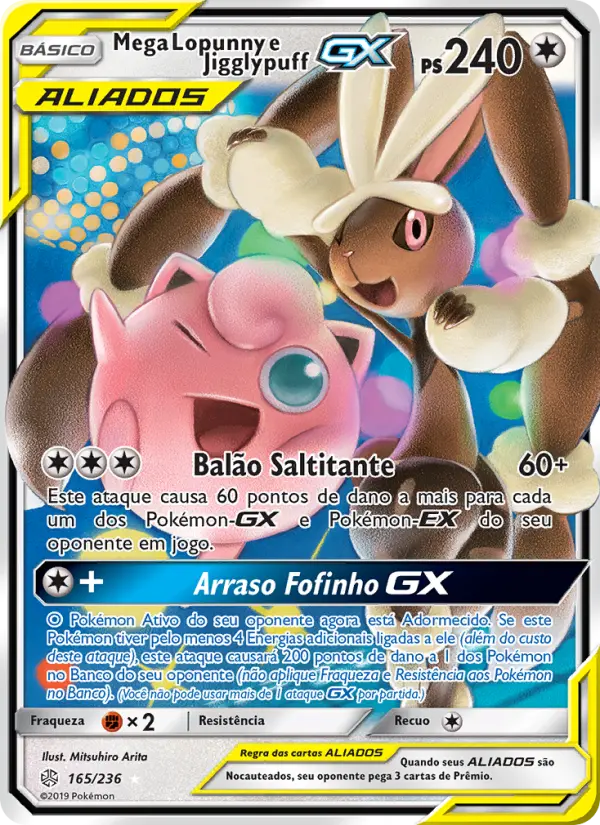 Carta Mega Lopunny e Jigglypuff GX, número 165/236 da coleção Eclipse Cósmico
