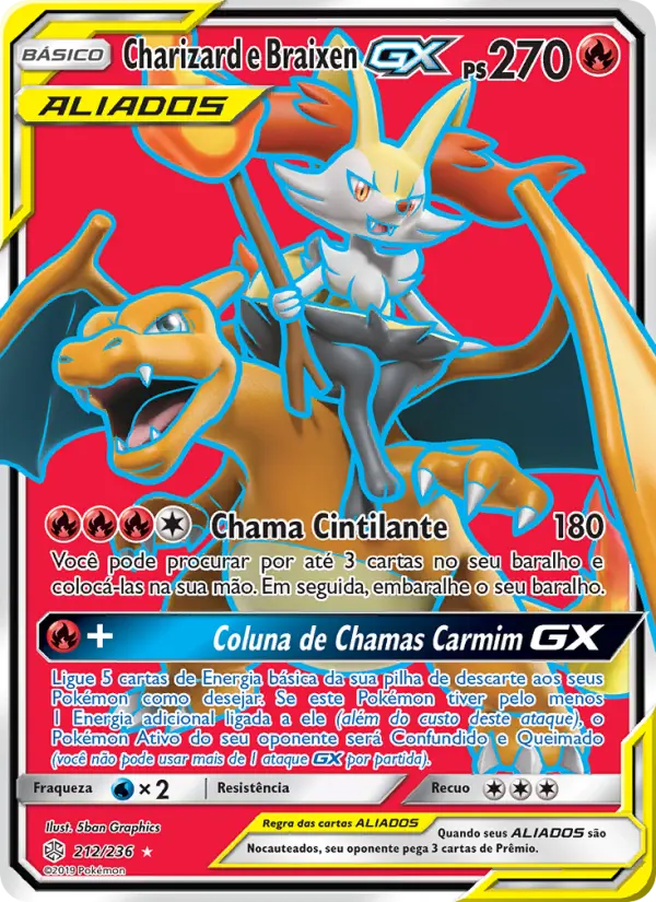 Carta Charizard e Braixen GX, número 212/236 da coleção Eclipse Cósmico