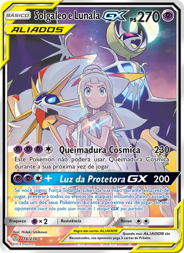Carta Solgaleo e Lunala GX, número 216/236 da coleção Eclipse Cósmico
