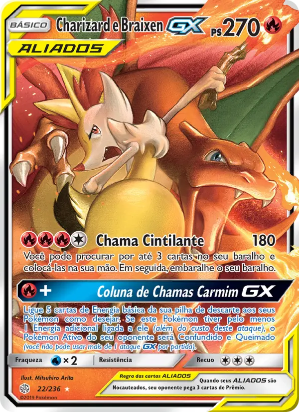 Carta Charizard e Braixen GX, número 22/236 da coleção Eclipse Cósmico