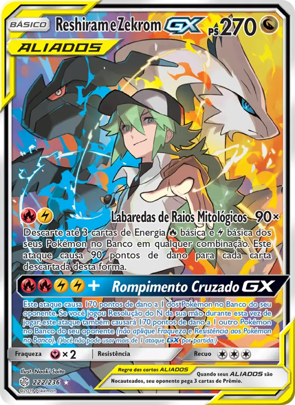 Carta Reshiram e Zekrom GX, número 222/236 da coleção Eclipse Cósmico