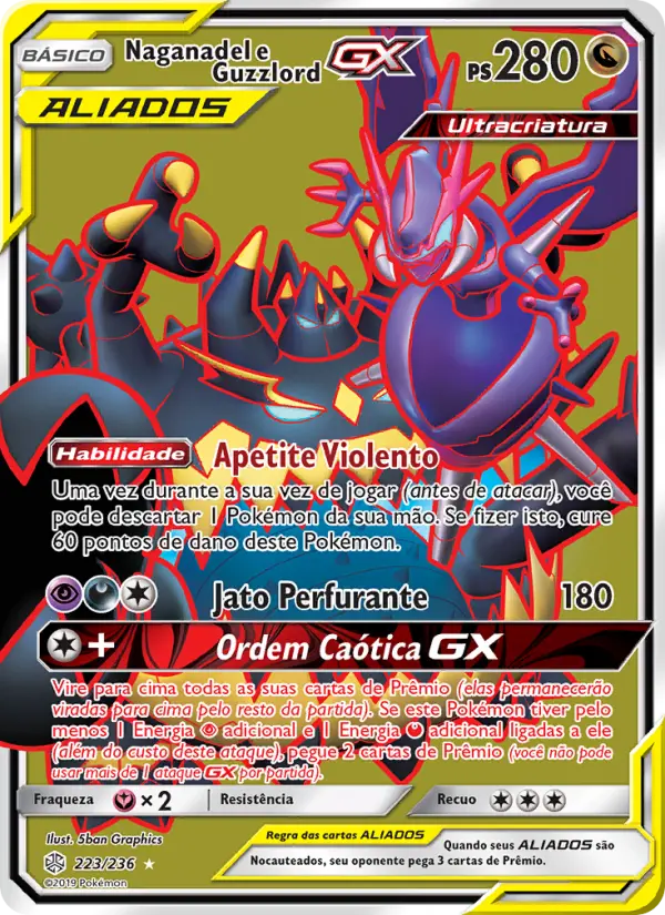 Carta Naganadel e Guzzlord GX, número 223/236 da coleção Eclipse Cósmico