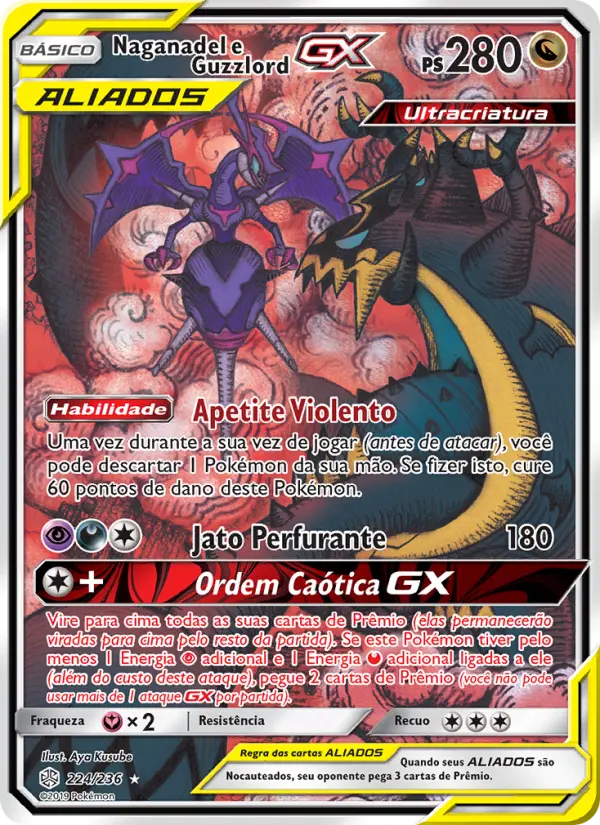 Carta Naganadel e Guzzlord GX, número 224/236 da coleção Eclipse Cósmico