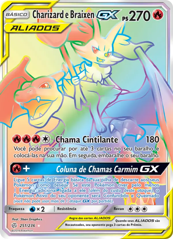 Carta Charizard e Braixen GX, número 251/236 da coleção Eclipse Cósmico
