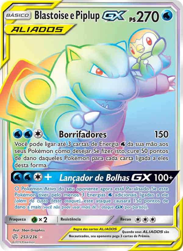 Carta Blastoise e Piplup GX, número 253/236 da coleção Eclipse Cósmico
