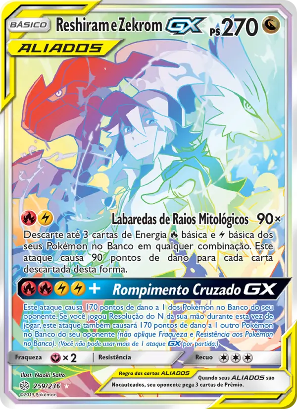 Carta Reshiram e Zekrom GX, número 259/236 da coleção Eclipse Cósmico