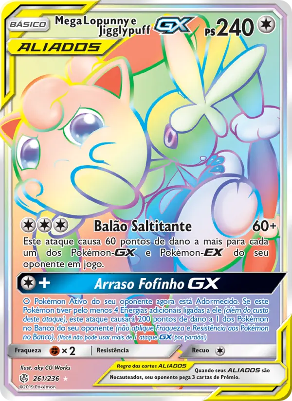 Carta Mega Lopunny e Jigglypuff GX, número 261/236 da coleção Eclipse Cósmico