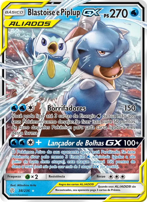Carta Blastoise e Piplup GX, número 38/236 da coleção Eclipse Cósmico