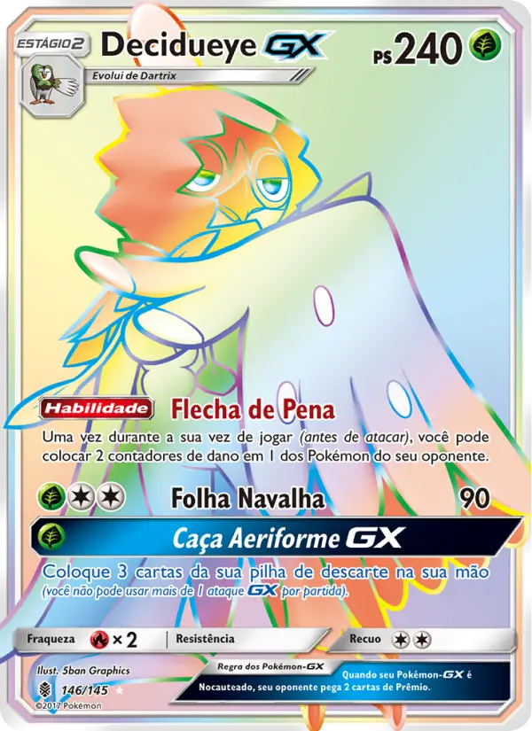 Carta Decidueye GX, número 146/145 da coleção Guardiões Ascendentes