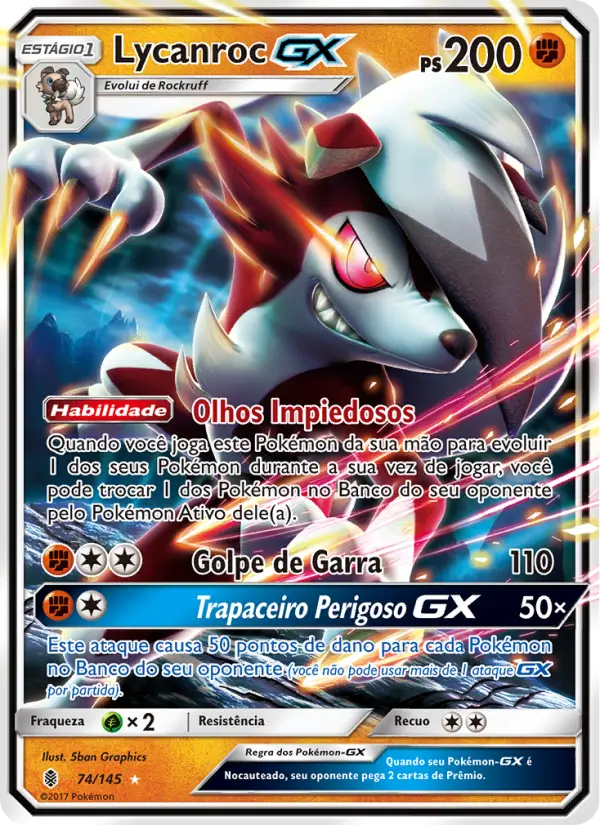 Carta Lycanroc GX, número 74/145 da coleção Guardiões Ascendentes
