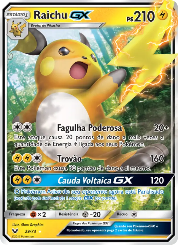 Carta Raichu GX, número 29/73 da coleção Lendas Luminescentes