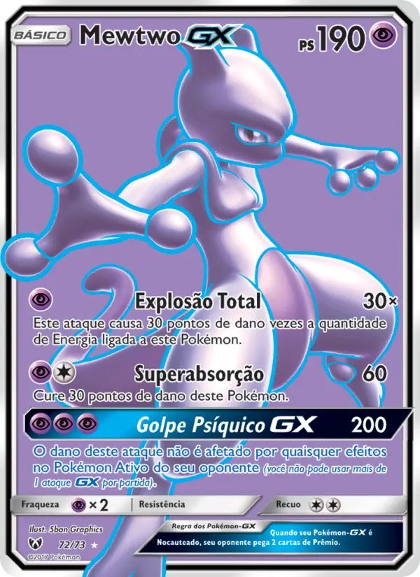 Carta Mewtwo GX, número 72/73 da coleção Lendas Luminescentes