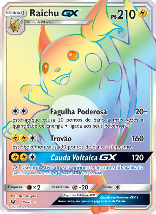 Carta Raichu GX, número 75/73 da coleção Lendas Luminescentes