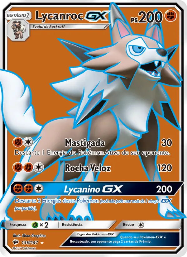 Carta Lycanroc GX, número 136/147 da coleção Sombras Ardentes