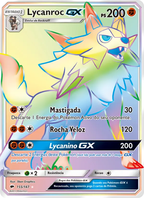 Carta Lycanroc GX, número 155/147 da coleção Sombras Ardentes