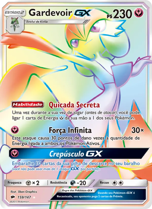 Carta Gardevoir GX, número 159/147 da coleção Sombras Ardentes