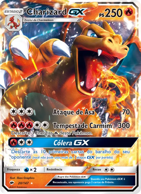 Carta Charizard GX, número 20/147 da coleção Sombras Ardentes