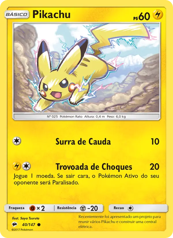 Carta Pikachu, número 40/147 da coleção Sombras Ardentes