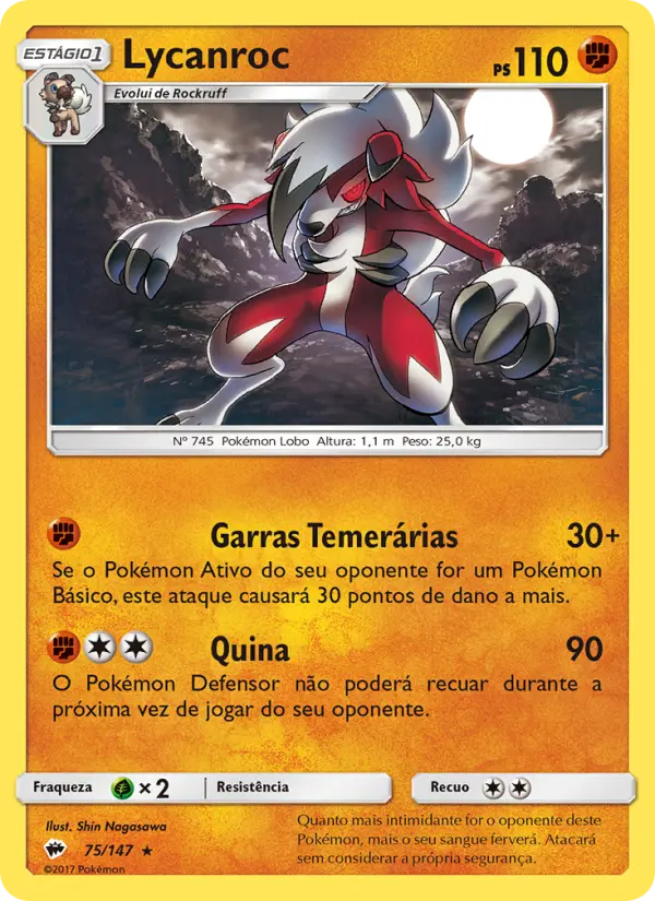 Carta Lycanroc, número 75/147 da coleção Sombras Ardentes