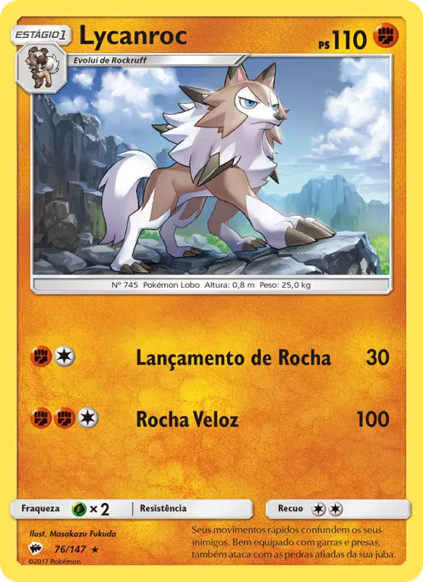 Carta Lycanroc, número 76/147 da coleção Sombras Ardentes
