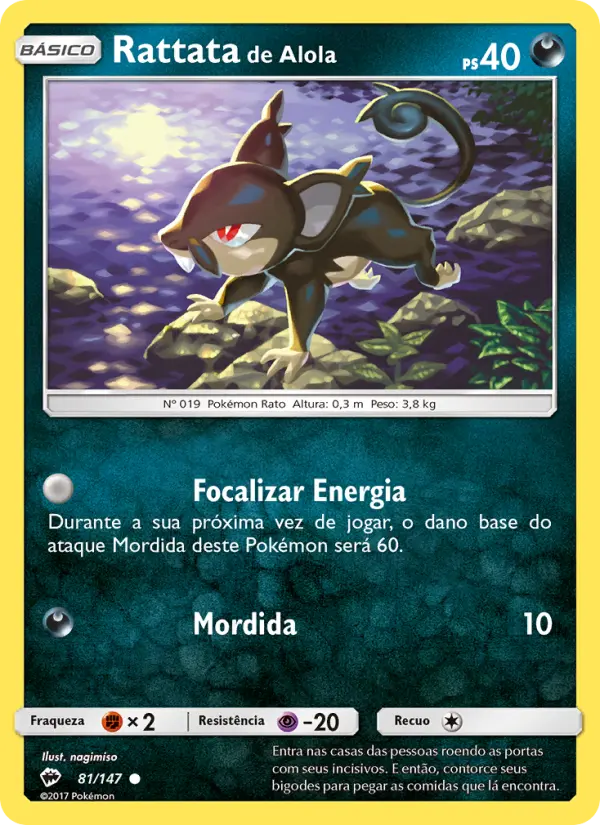 Carta Rattata de Alola, número 81/147 da coleção Sombras Ardentes