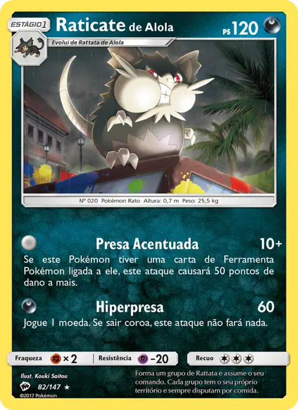 Carta Raticate de Alola, número 82/147 da coleção Sombras Ardentes