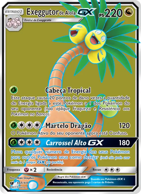 Carta Exeggutor de Alola GX, número 107/111 da coleção Invasão Carmim