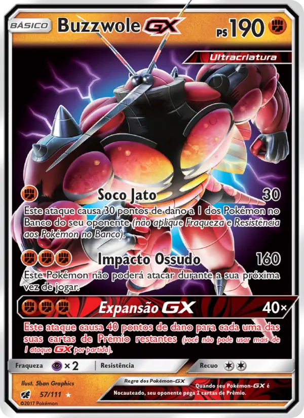 Carta Buzzwole GX, número 57/111 da coleção Invasão Carmim