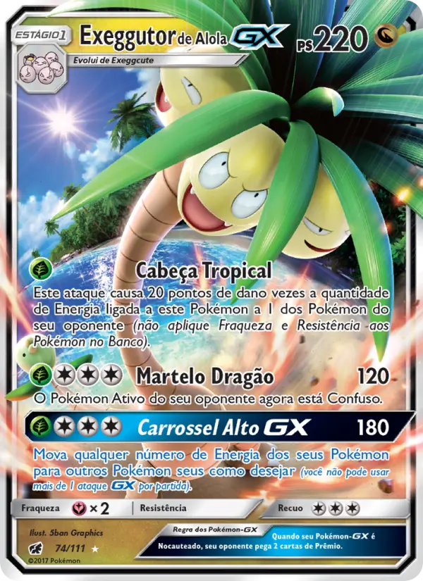 Carta Exeggutor de Alola GX, número 74/111 da coleção Invasão Carmim