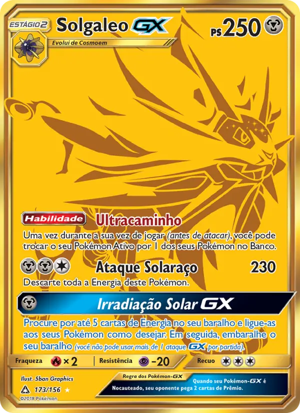 Carta Solgaleo GX, número 173/156 da coleção Ultra Prisma