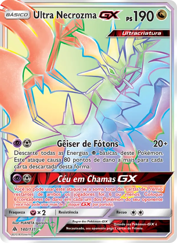 Carta Ultra Necrozma GX, número 140/131 da coleção Luz Proibida