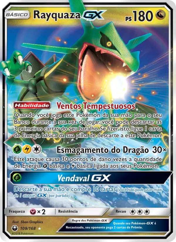 Carta Rayquaza GX, número 109/168 da coleção Tempestade Celestial