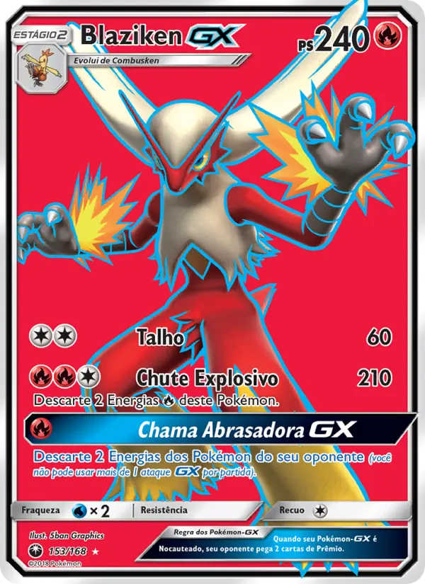 Carta Blaziken GX, número 153/168 da coleção Tempestade Celestial