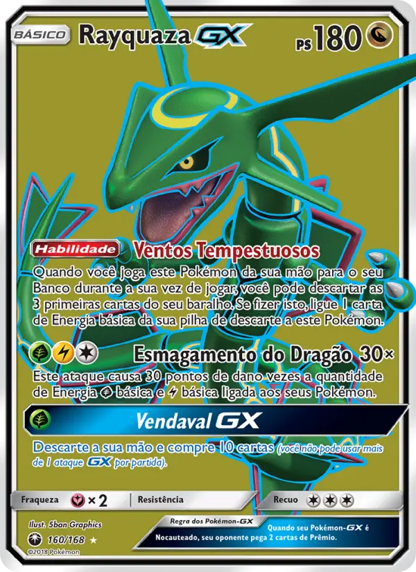 Carta Rayquaza GX, número 160/168 da coleção Tempestade Celestial