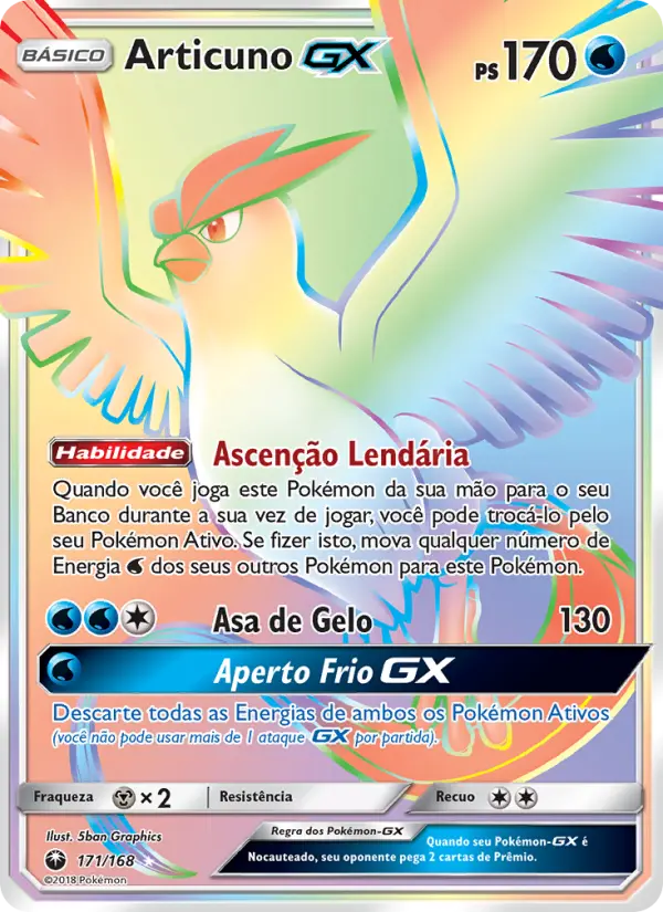 Carta Articuno GX, número 171/168 da coleção Tempestade Celestial