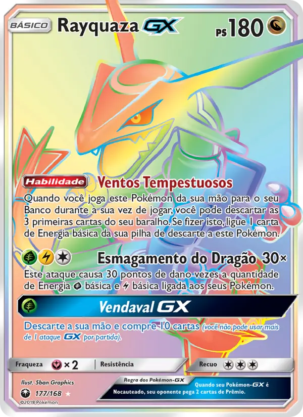Carta Rayquaza GX, número 177/168 da coleção Tempestade Celestial