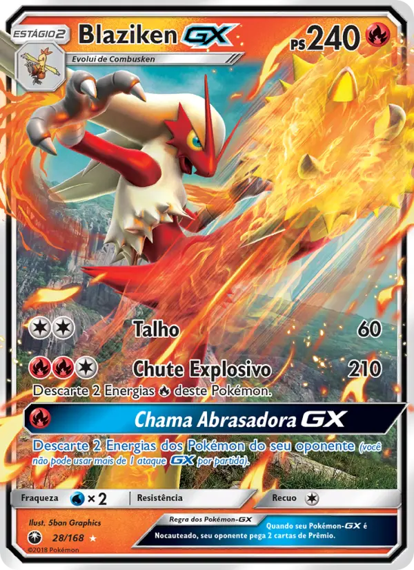 Carta Blaziken GX, número 28/168 da coleção Tempestade Celestial