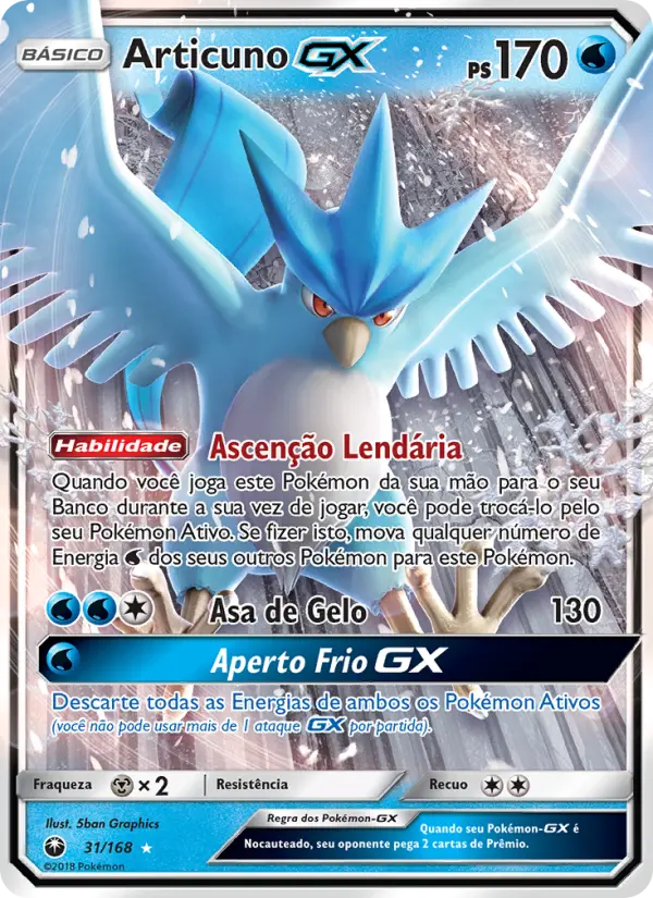 Carta Articuno GX, número 31/168 da coleção Tempestade Celestial